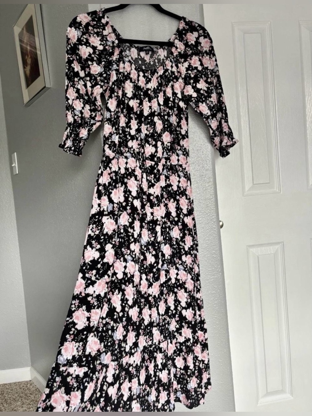 Angels Black Maxi Dress with Pink Floral Print Size M